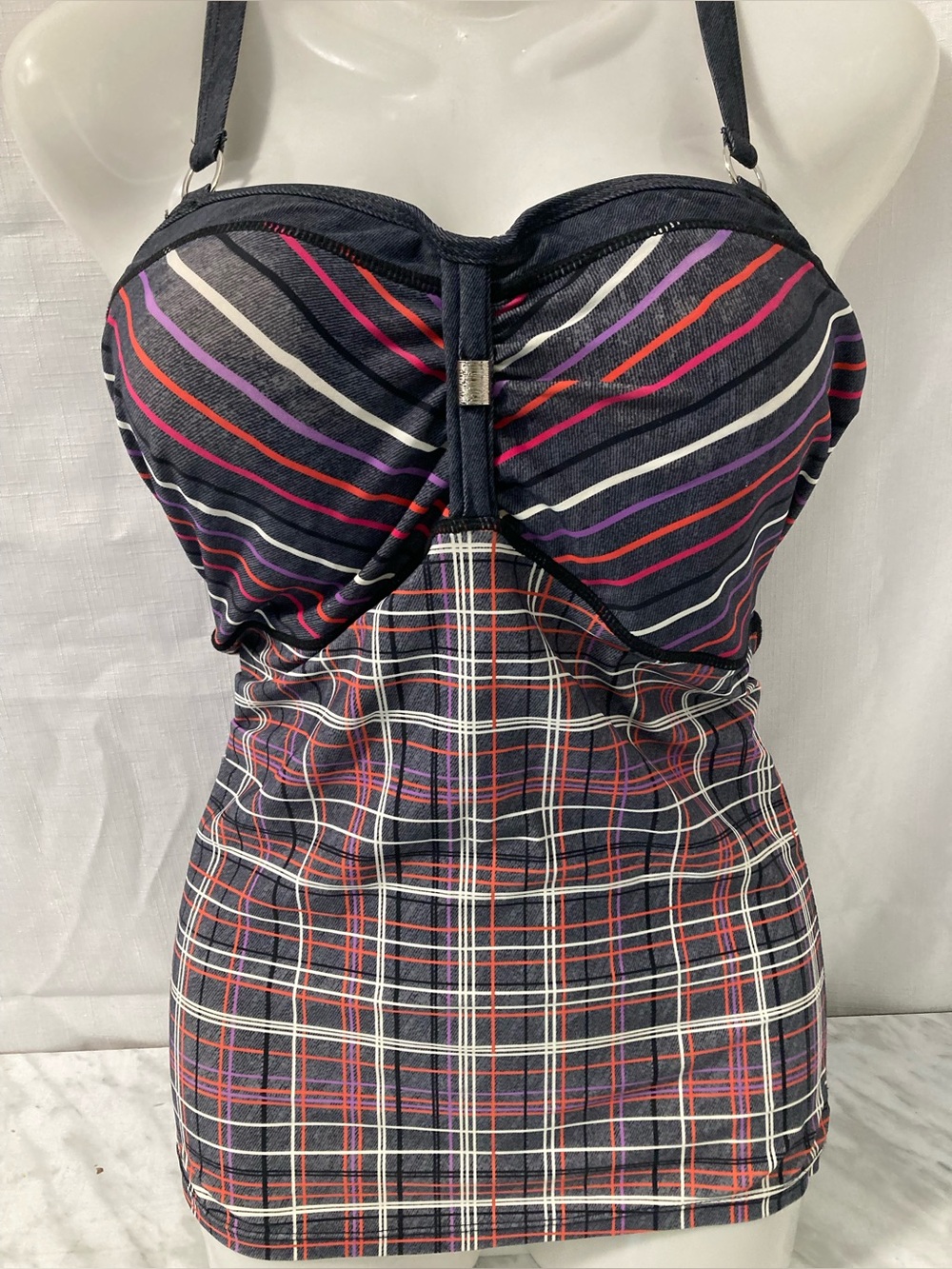 Unbranded Plaid Striped Ruched Tankini Swim Top Y2K L/XL